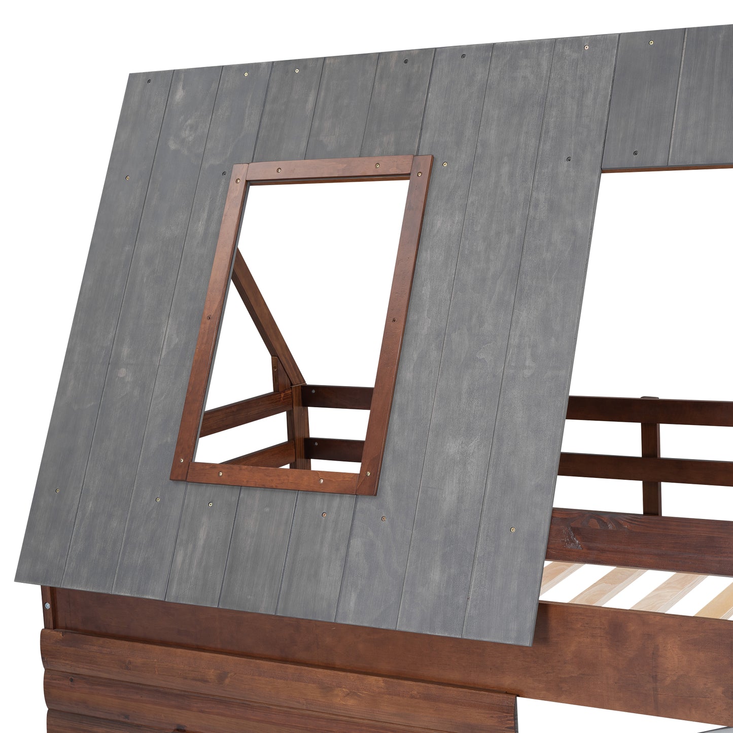 Dark brown wooden playhouse bed frame with grey plank roof and window opening