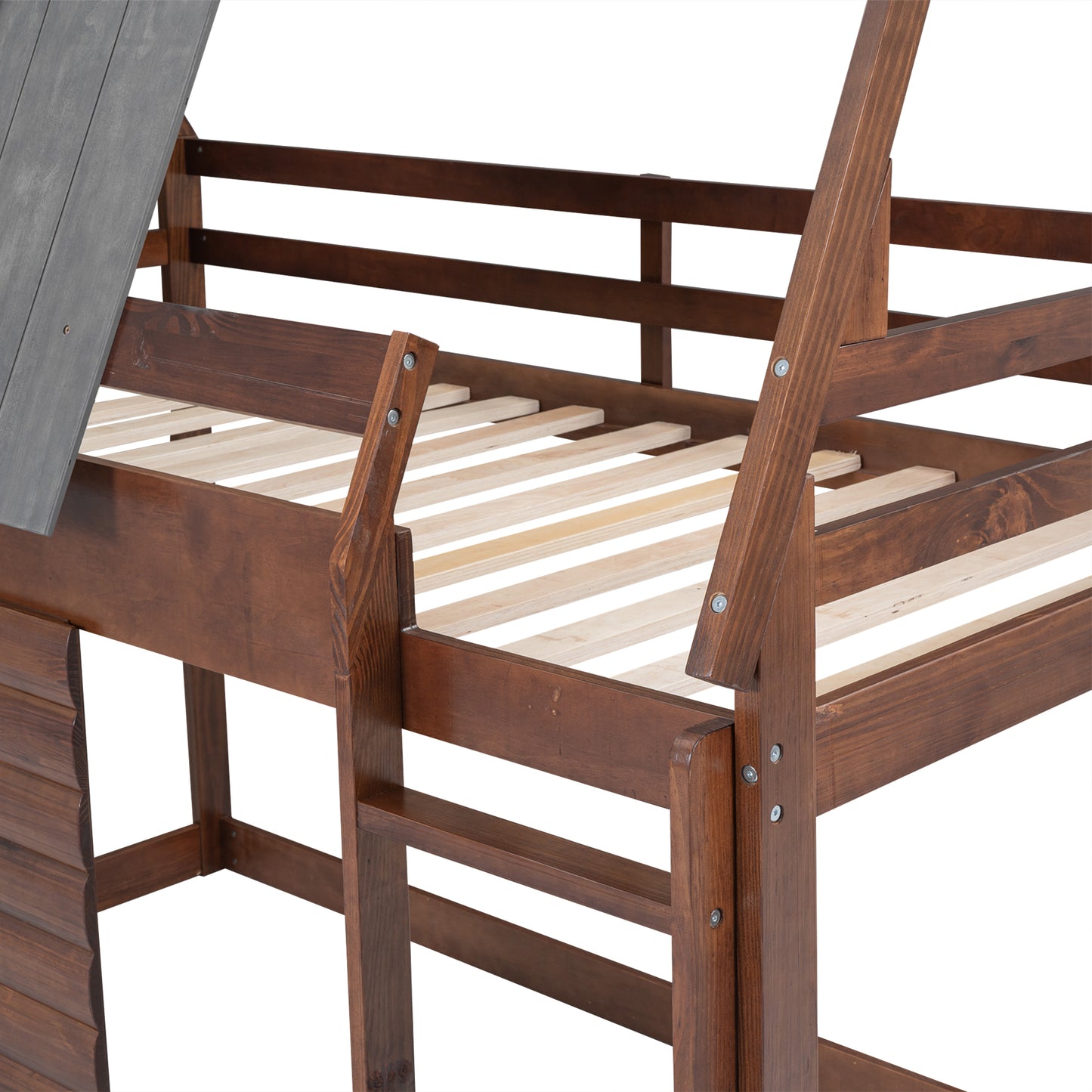 Dark wood loft bed frame with slatted base