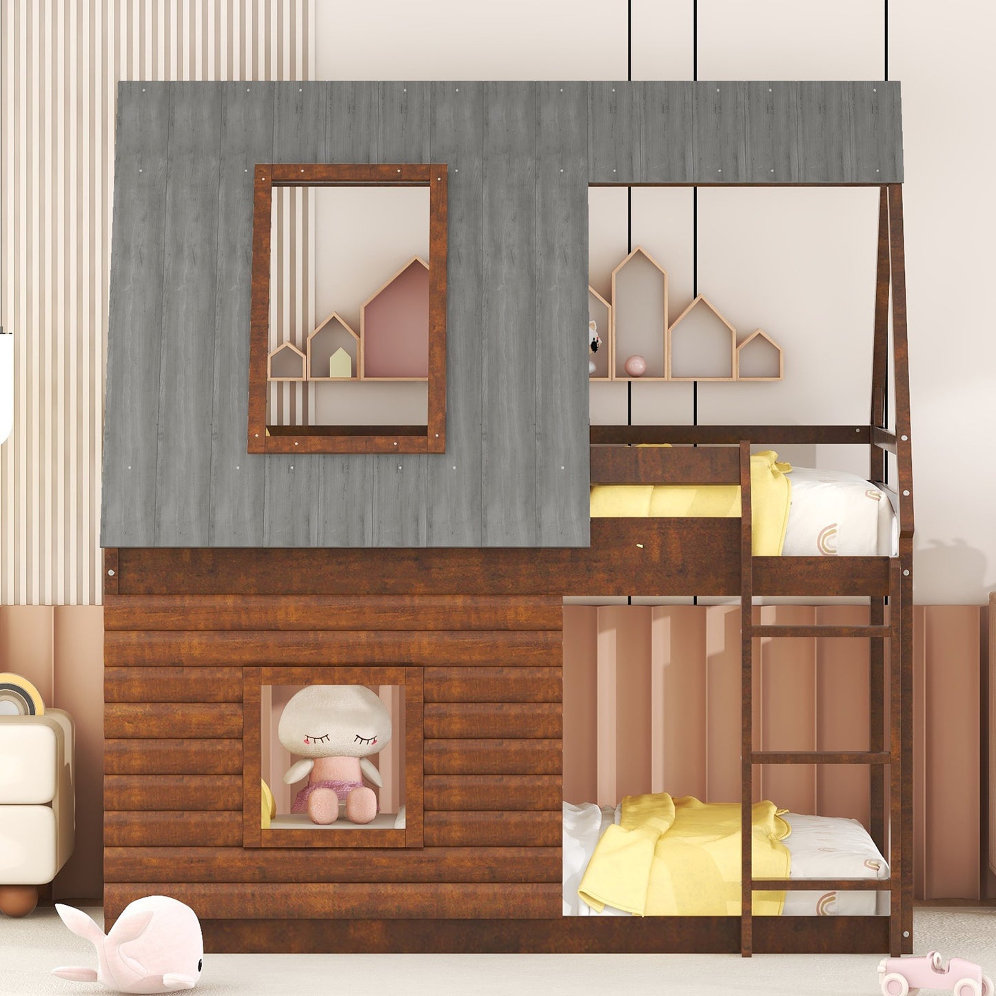 Rustic wood and grey panel bunk bed with yellow bedding