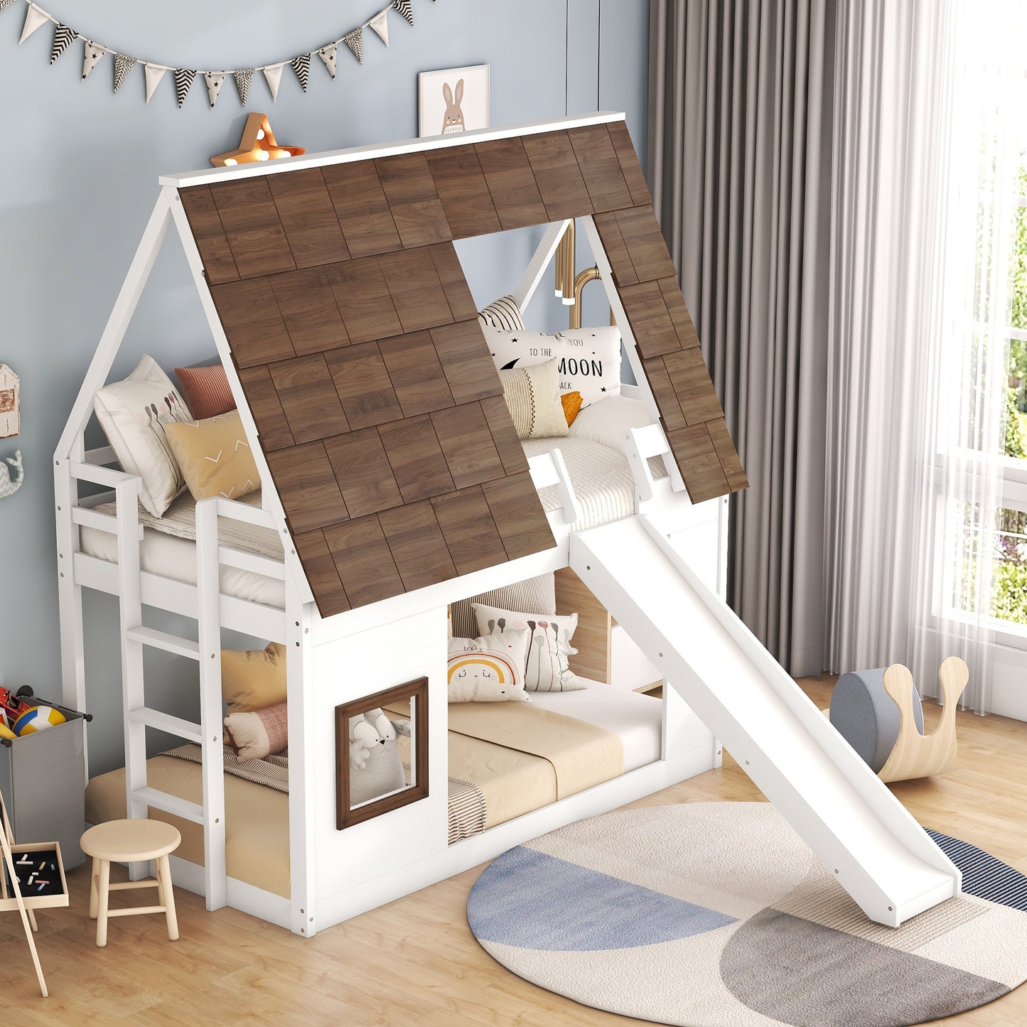White twin house bunk bed with slide and wood shingle roof