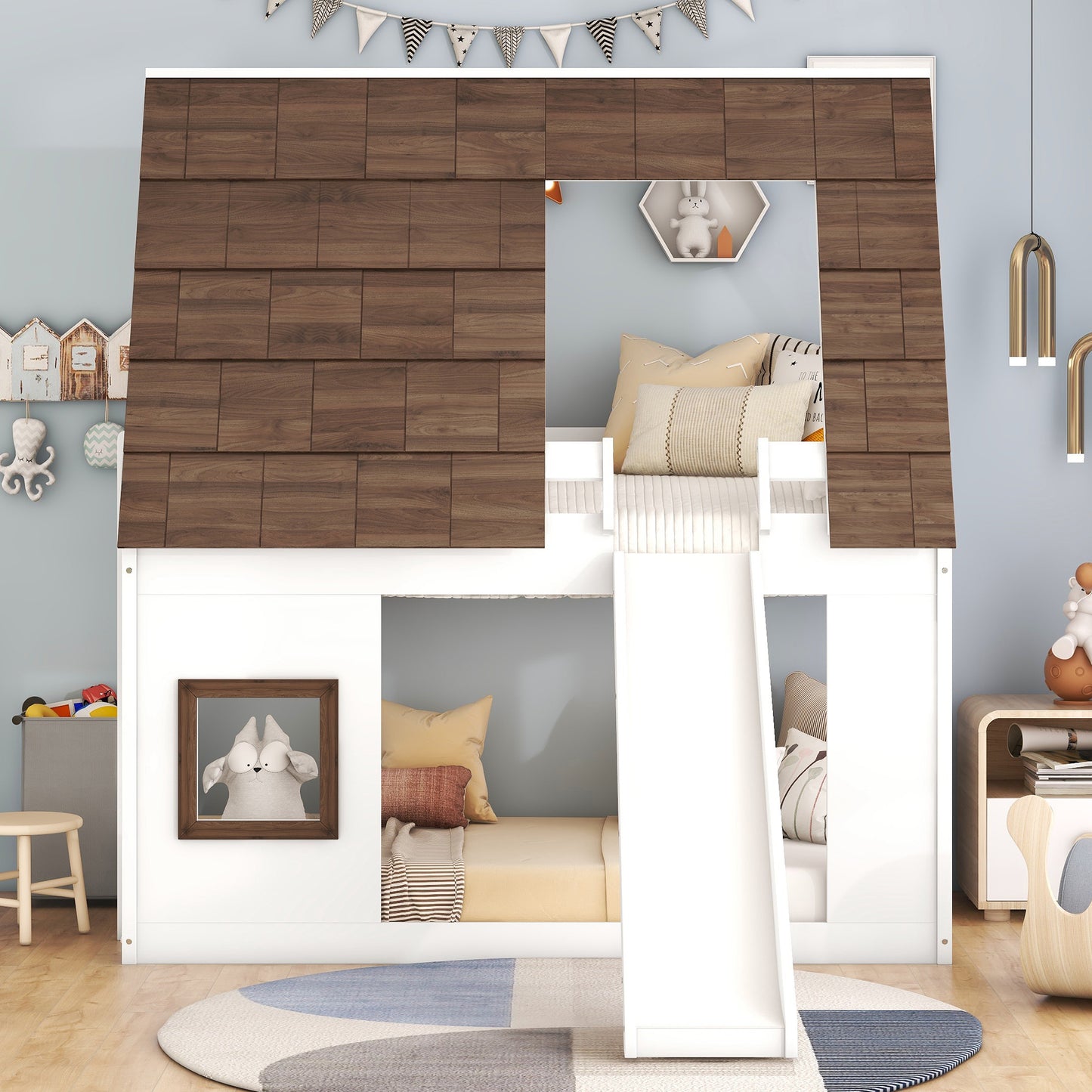 White twin house bed with wooden shingle roof and builtin slide