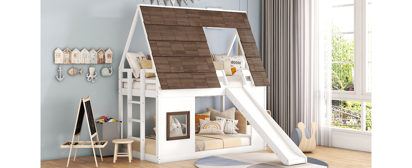 White wooden house bunk bed with slide for kids