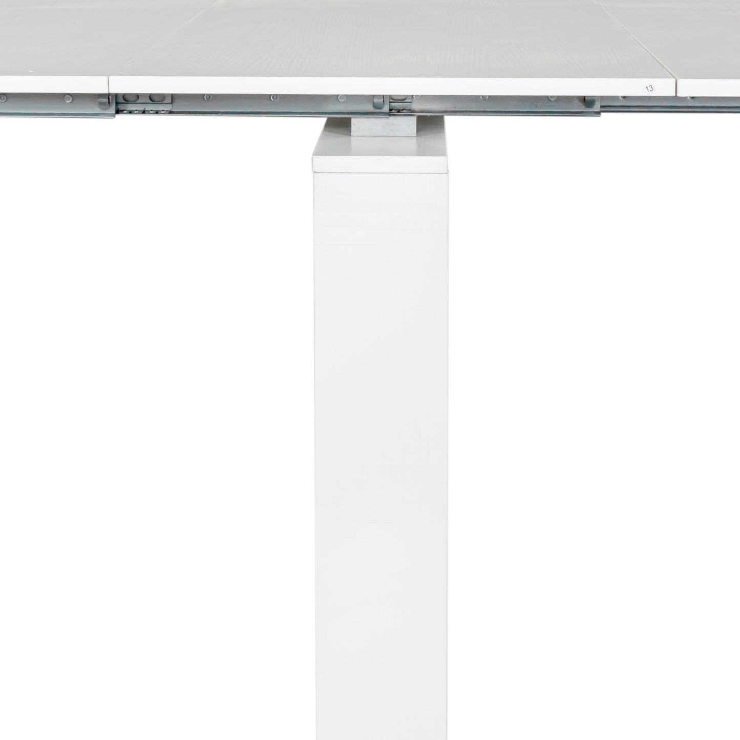 White extendable dining table base with metal sliding mechanism