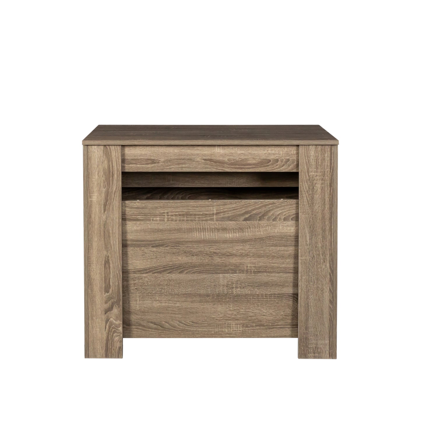 Modern oak veneer bedside table with open shelf and drawer