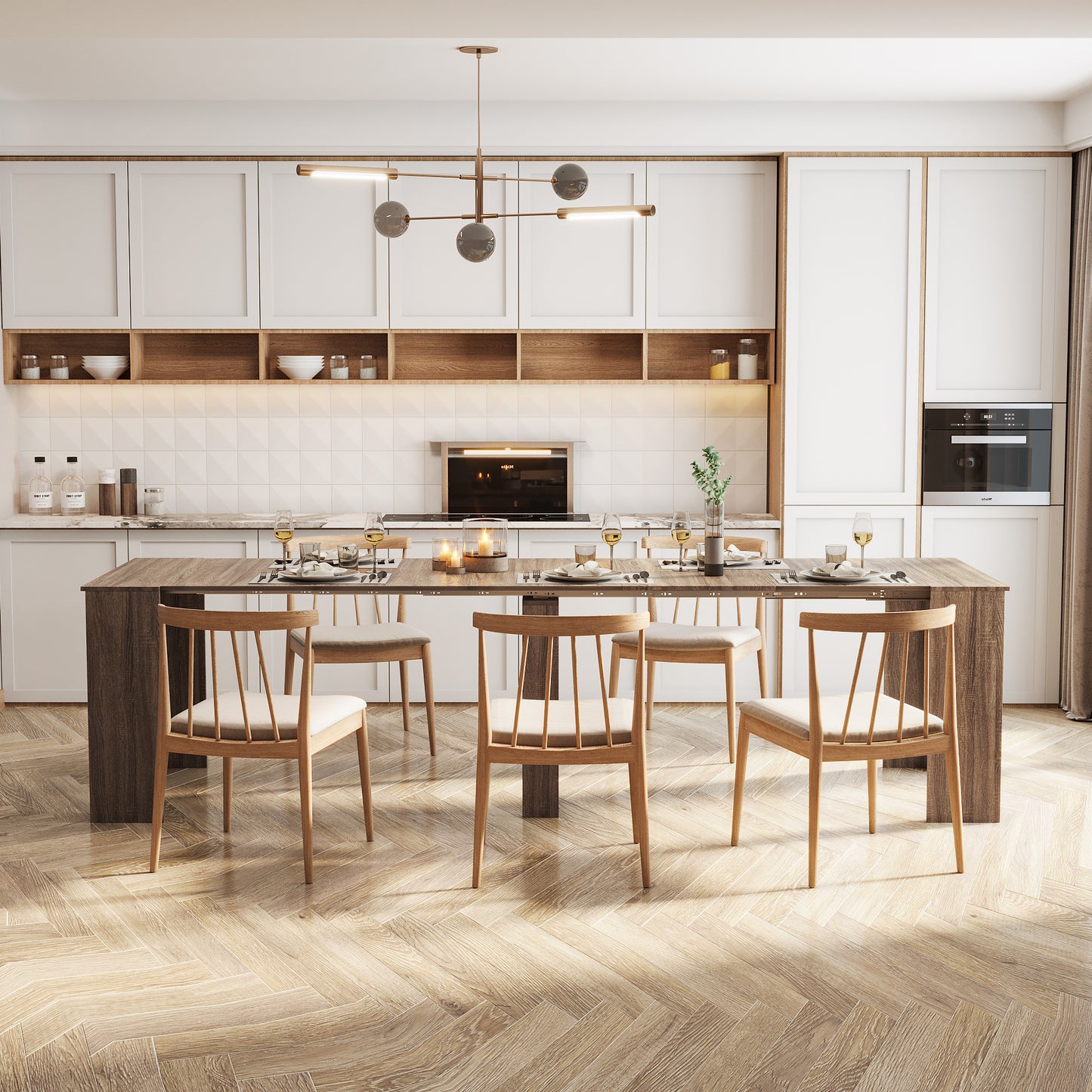 Modern kitchen with white cabinets and dark wood island dining table