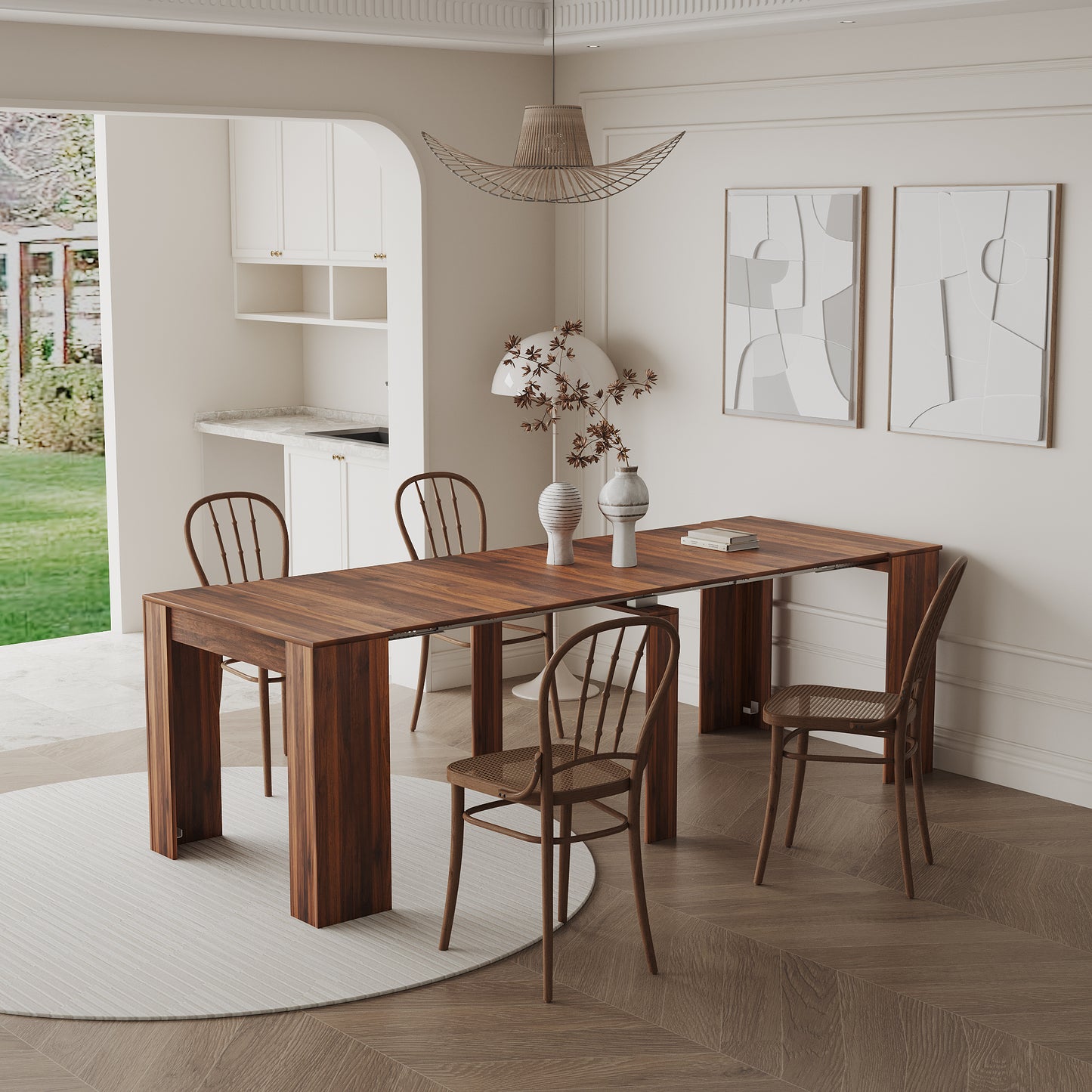 Rich walnut extendable dining table with four spindleback chairs