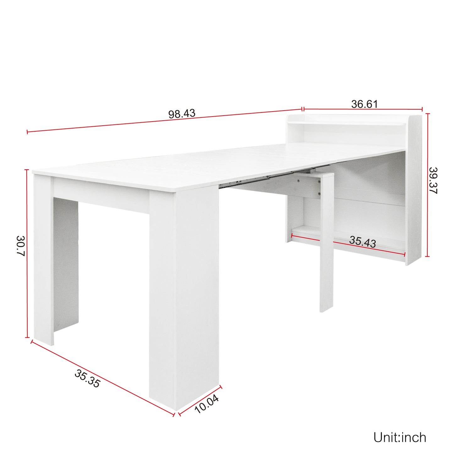 White extendable desk with builtin shelving unit