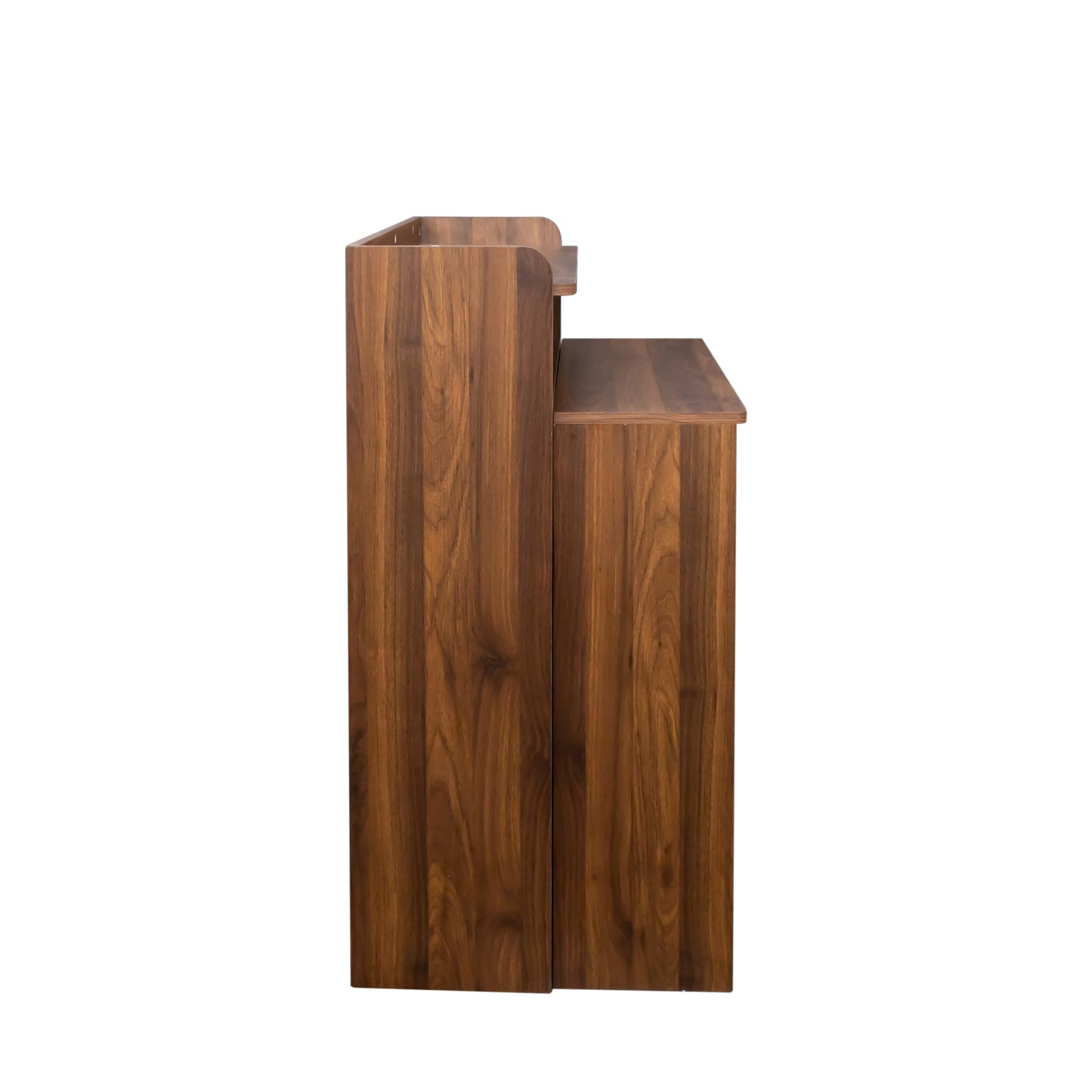 Side view of a rich walnut wood reception desk with a tiered surface
