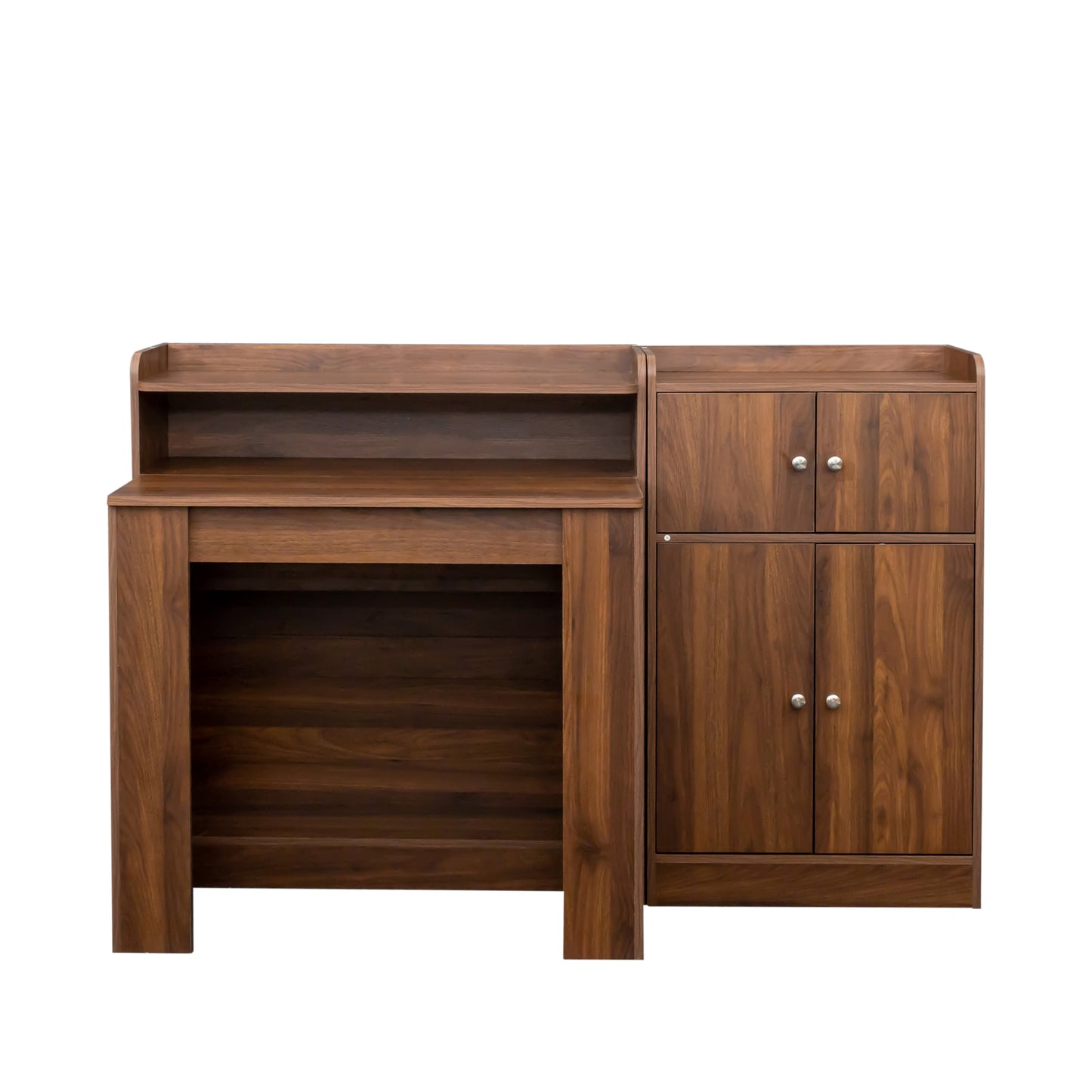 Walnut finish computer desk with attached storage cabinets and shelving