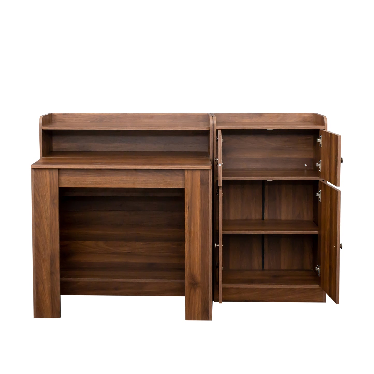 Modern walnut desk with open storage cabinet