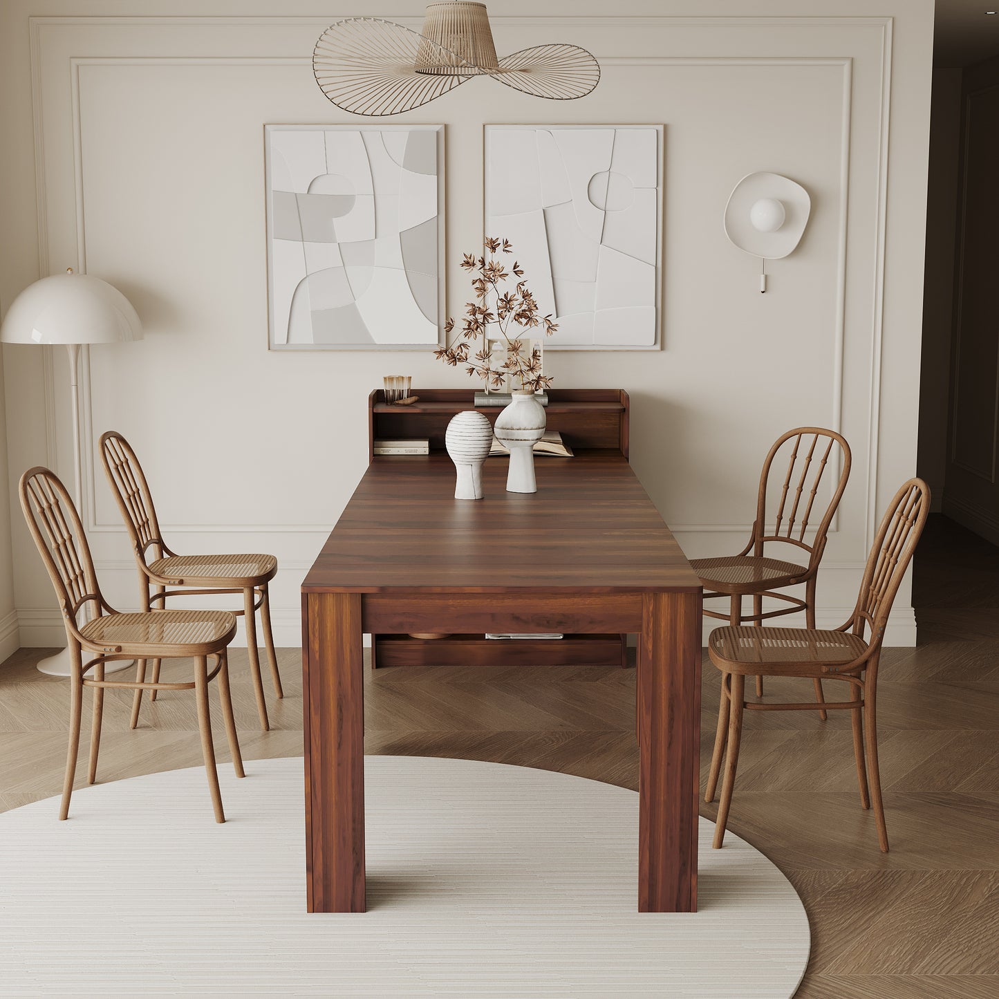 Dark wood dining table with woven seat chairs for minimalist dining