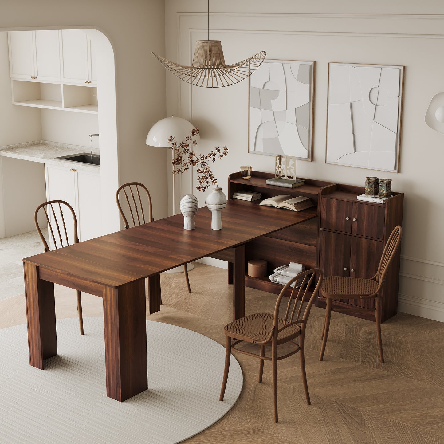 Solid walnut dining table with expandable leaves