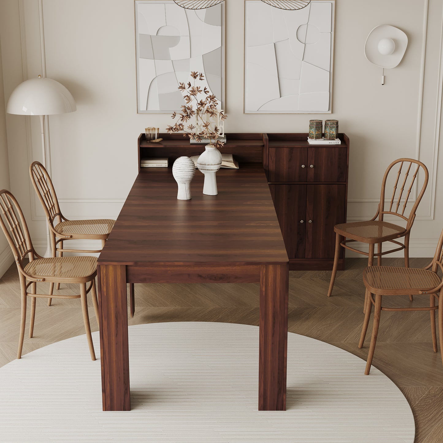 Dark walnut dining table with four rattan chairs