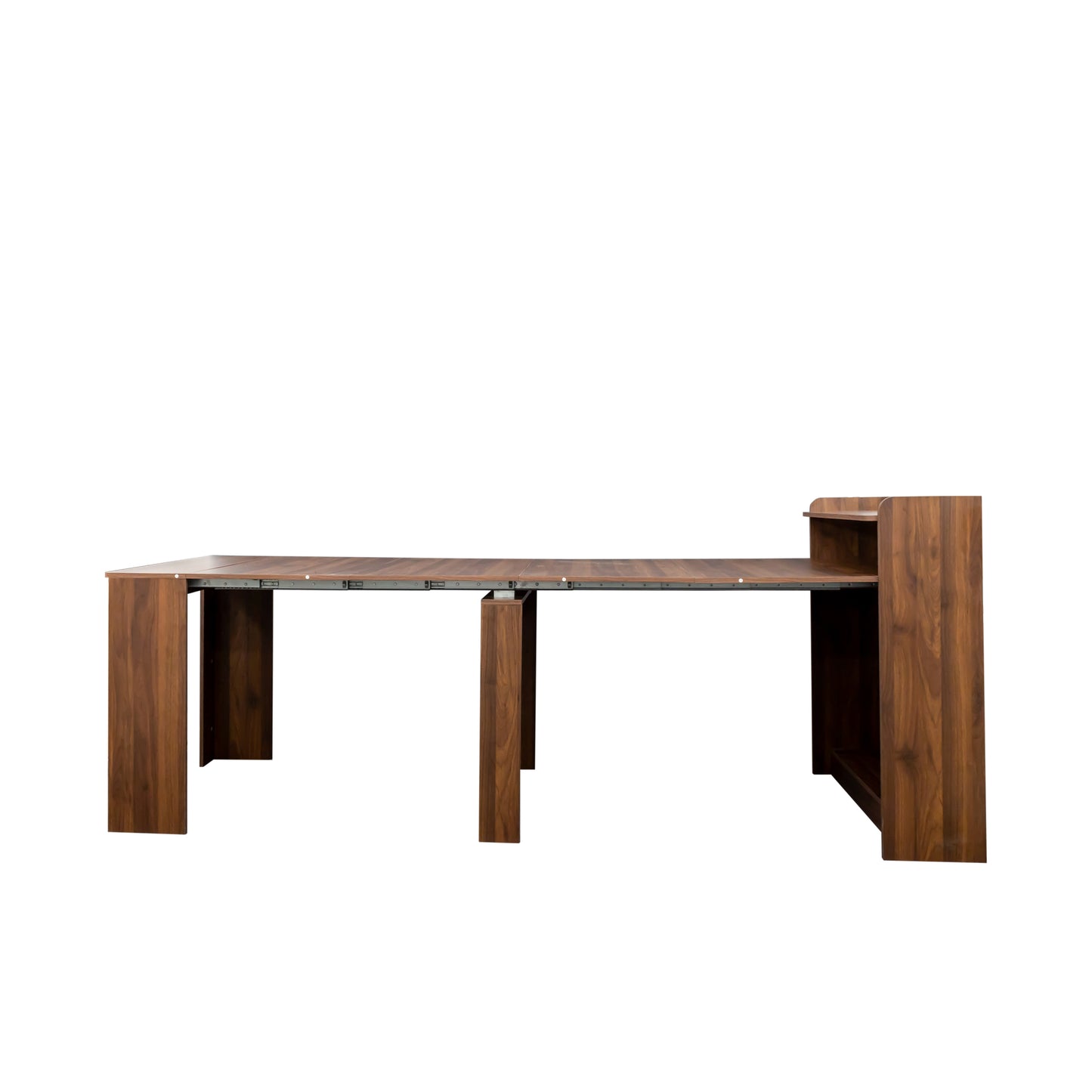 Modern walnut extendable dining table with metal sliders and shelving