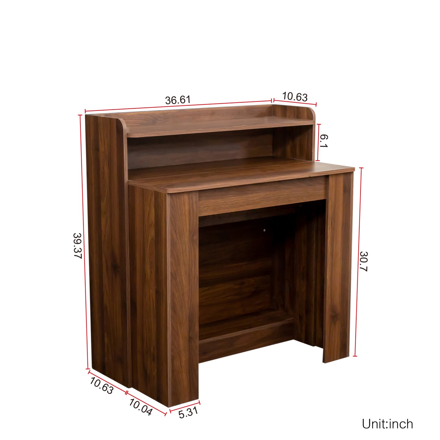 Compact dark wood desk with raised shelf for office use