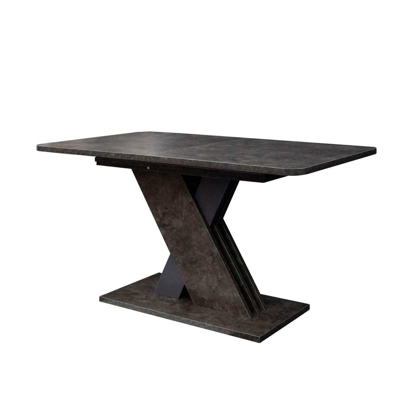 Modern rectangular dining table with dark stoneeffect finish and abstract base