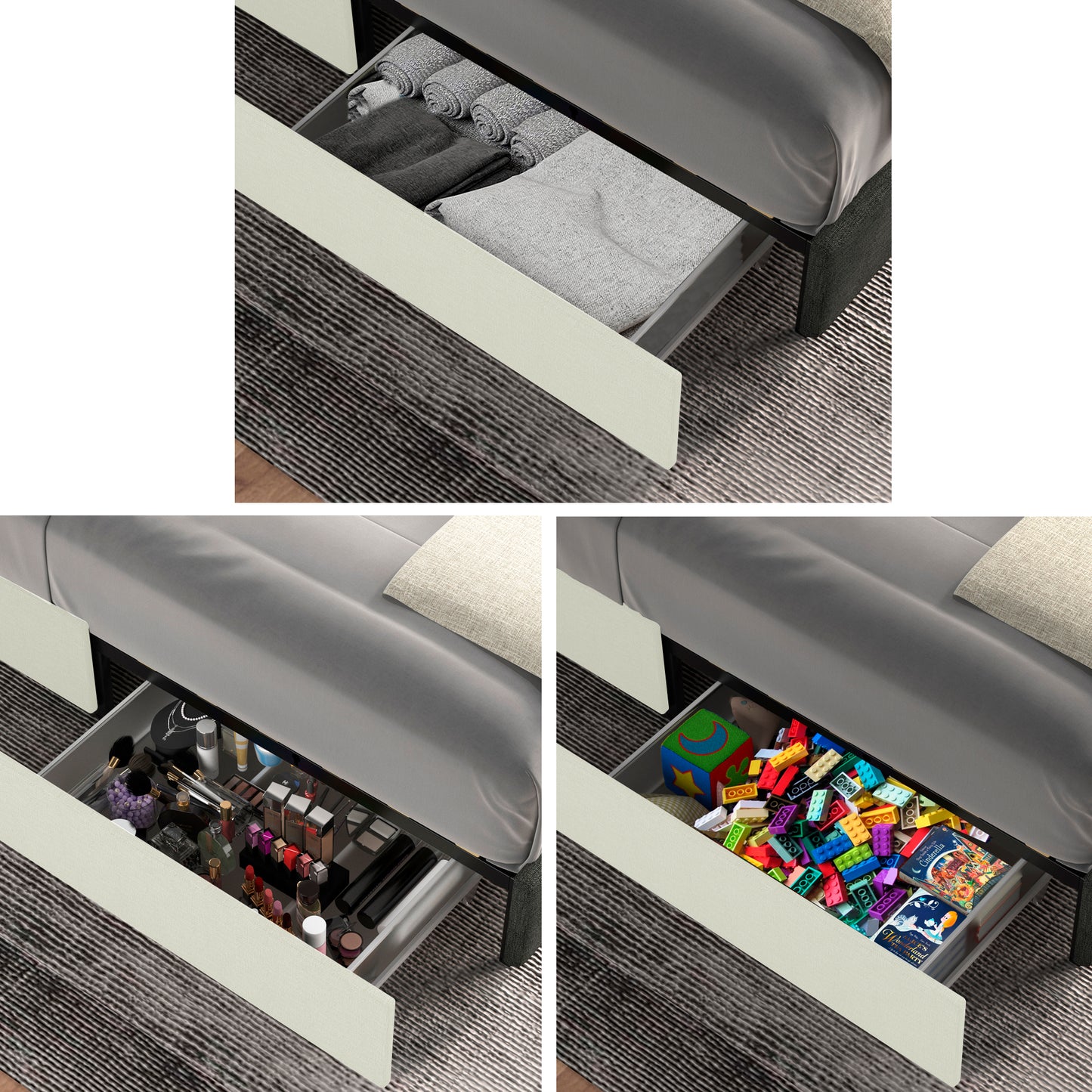 Bed with open drawer showing neatly folded grey linens and towels