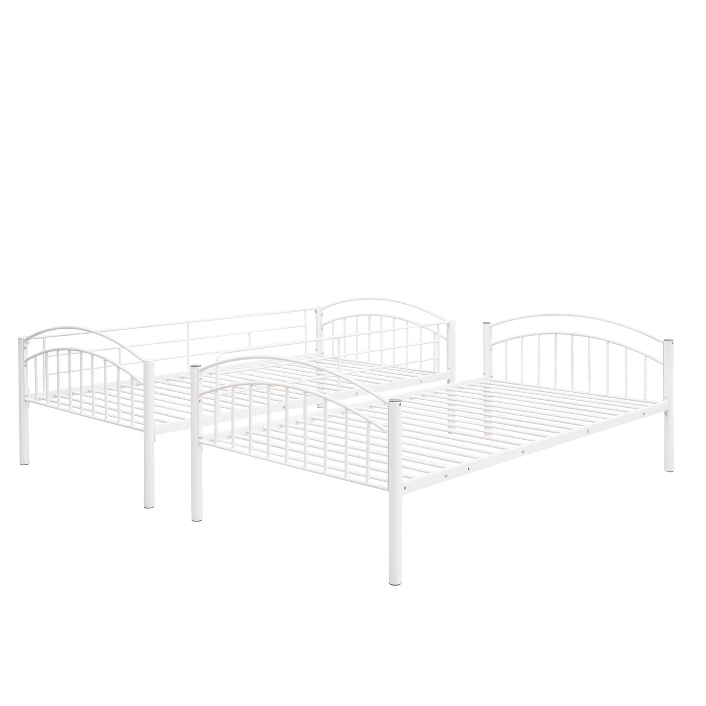 White metal twin bunk beds with curved headboards