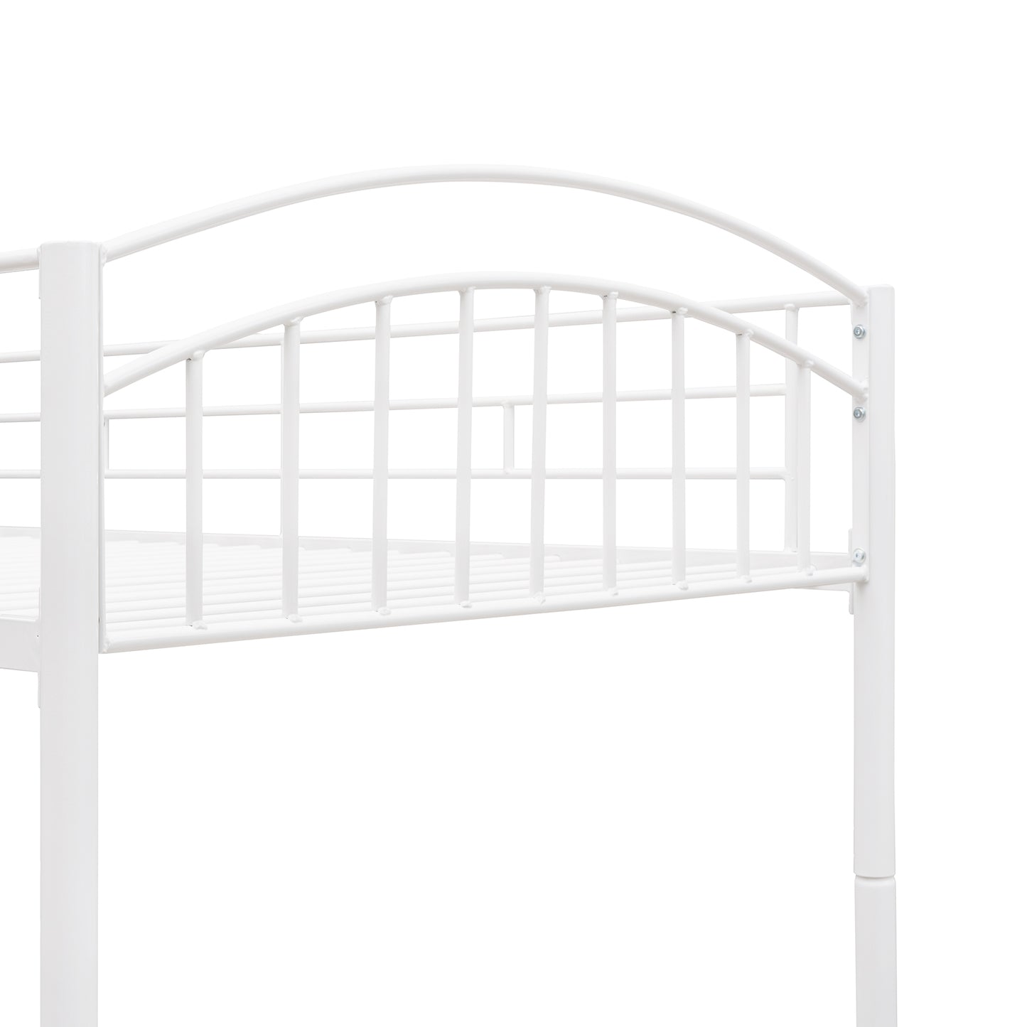 Closeup of a white metal twin bed frame with a curved headboard and vertical slats