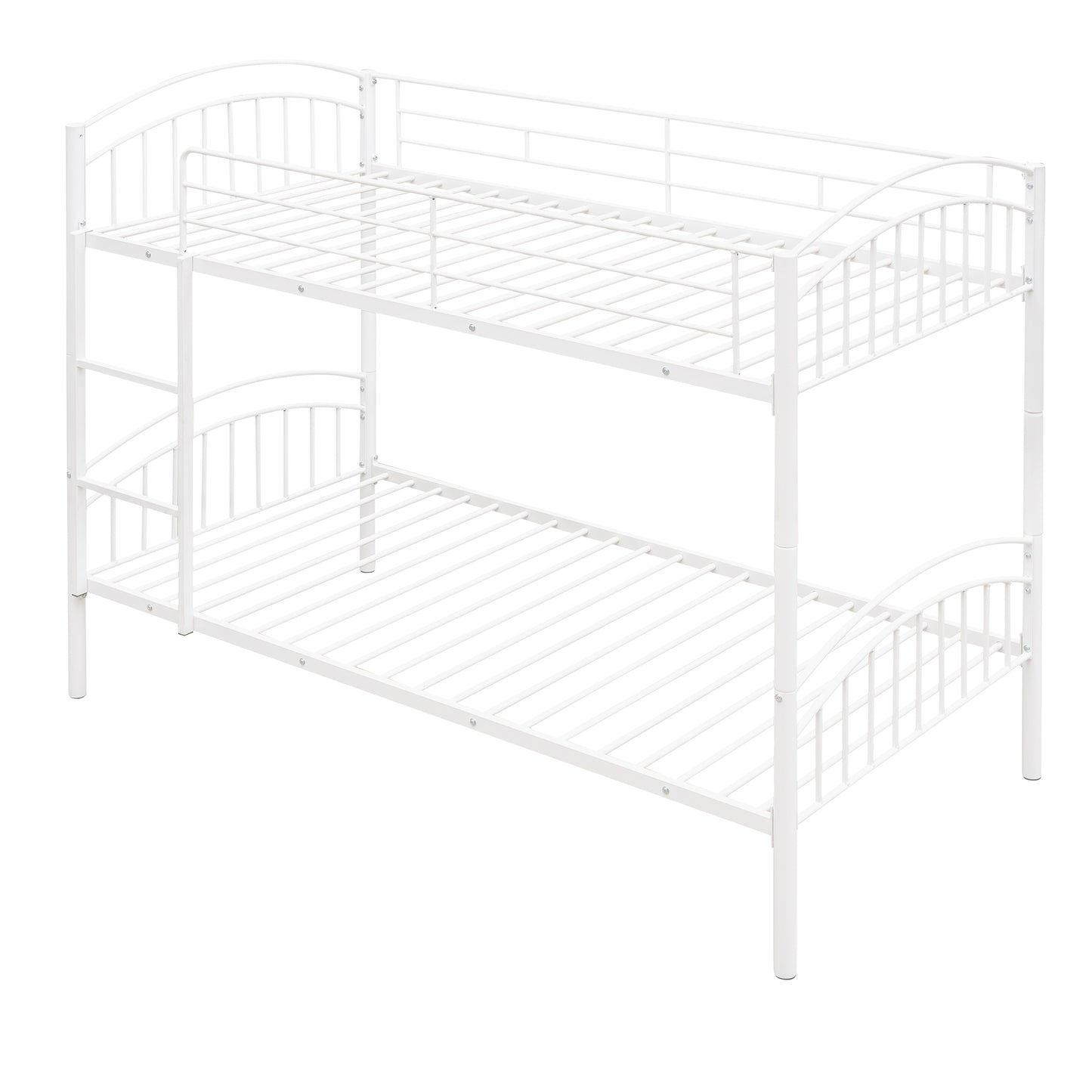 White metal twin over twin bunk bed with ladder and arched headboards