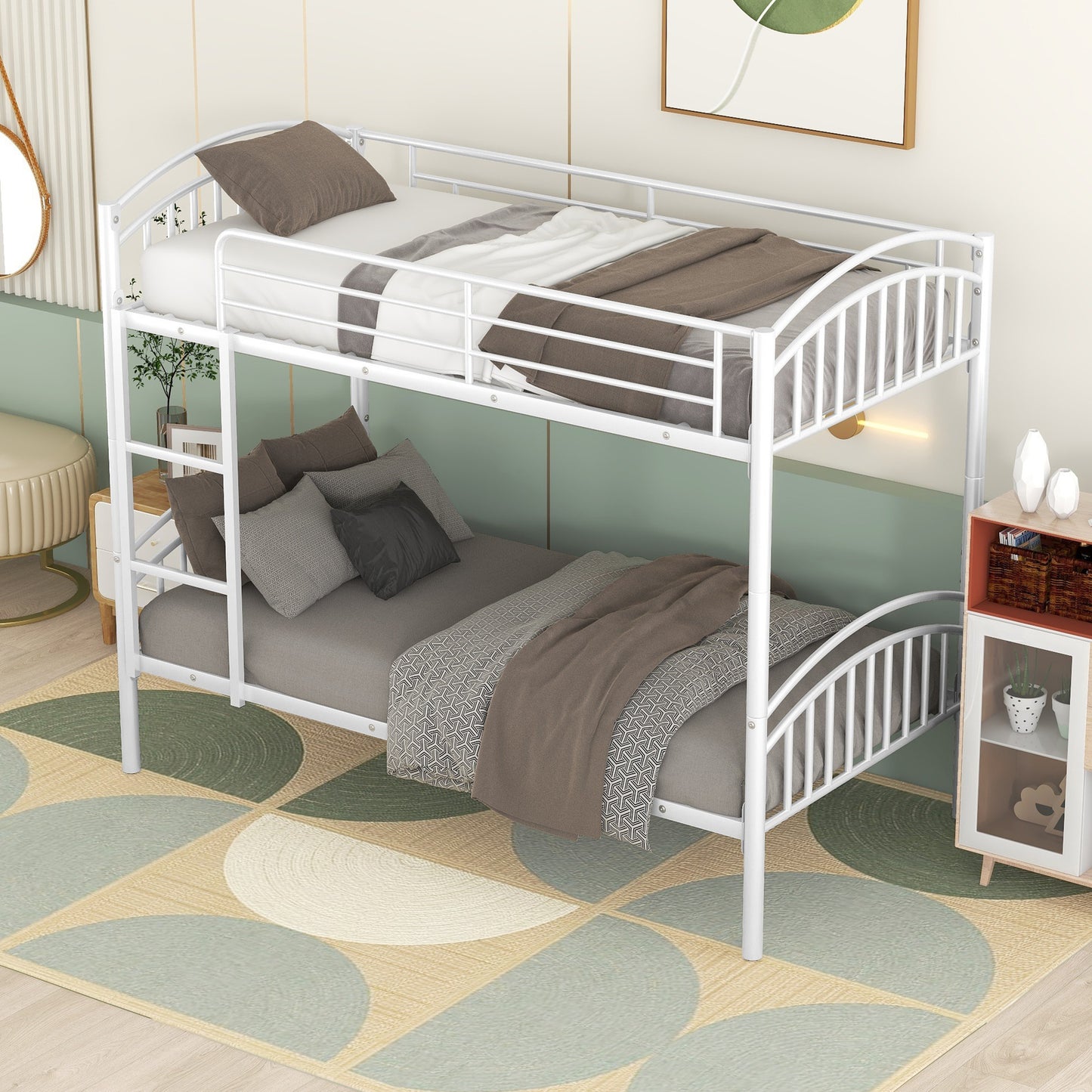 White metal bunk bed with arched headboards and footboards