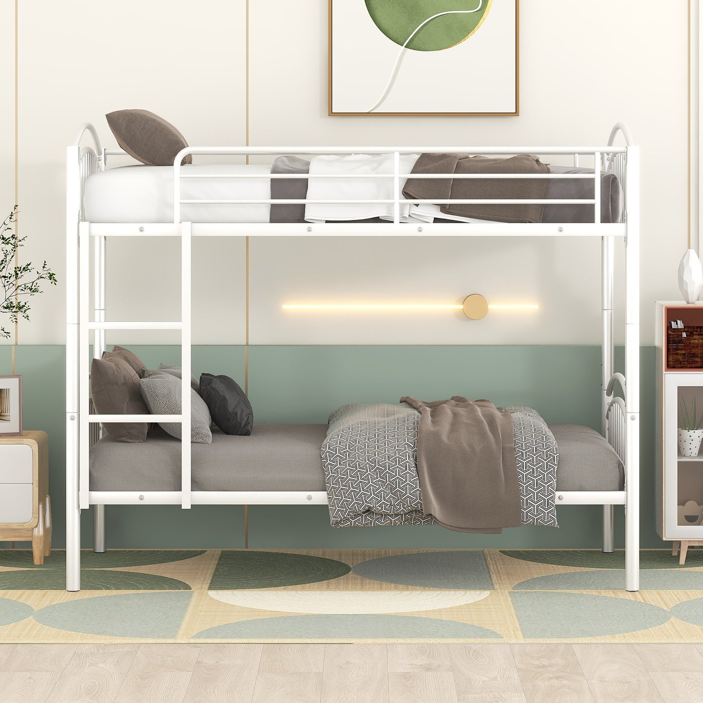 White metal bunk bed with stacked mattresses and pillows