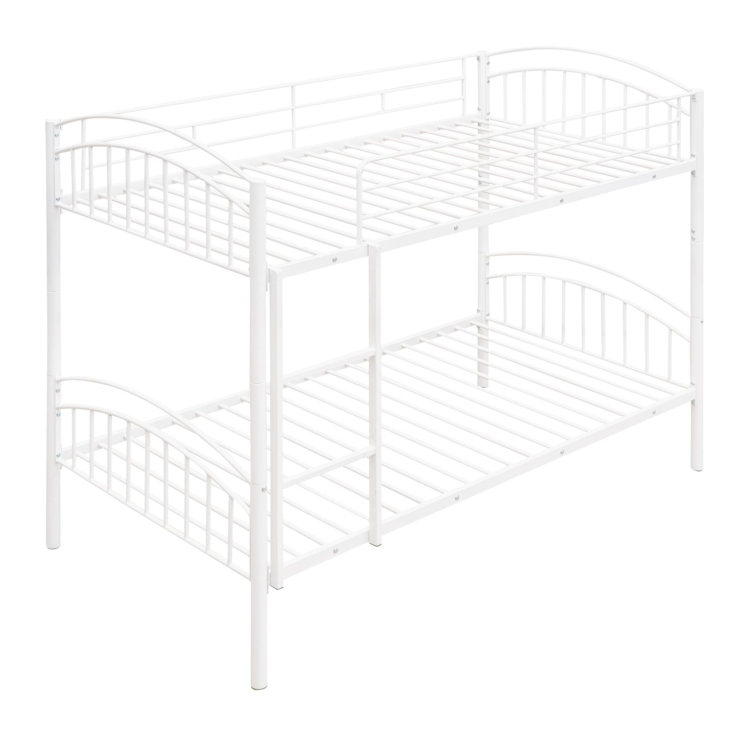 Minimalist white metal bunk bed frame with arched headboards and safety rails