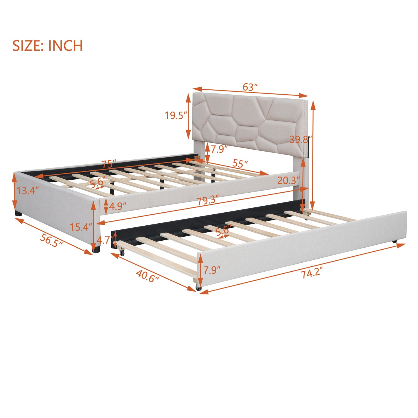 Beige upholstered twin bed with pullout trundle and geometric headboard