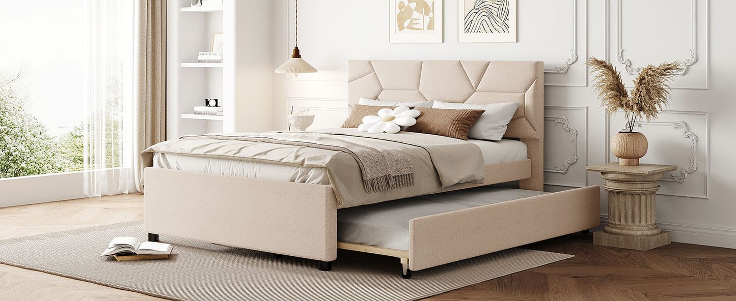 Beige upholstered twin bed frame with pullout trundle geometric headboard and neutral bedding