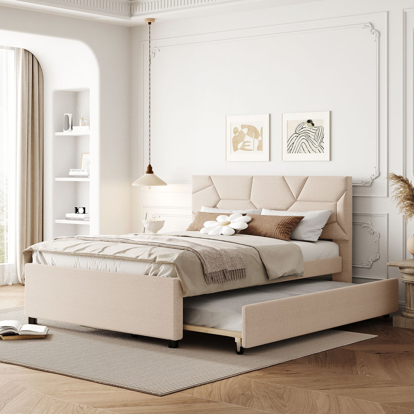 Beige upholstered twin daybed with pullout trundle