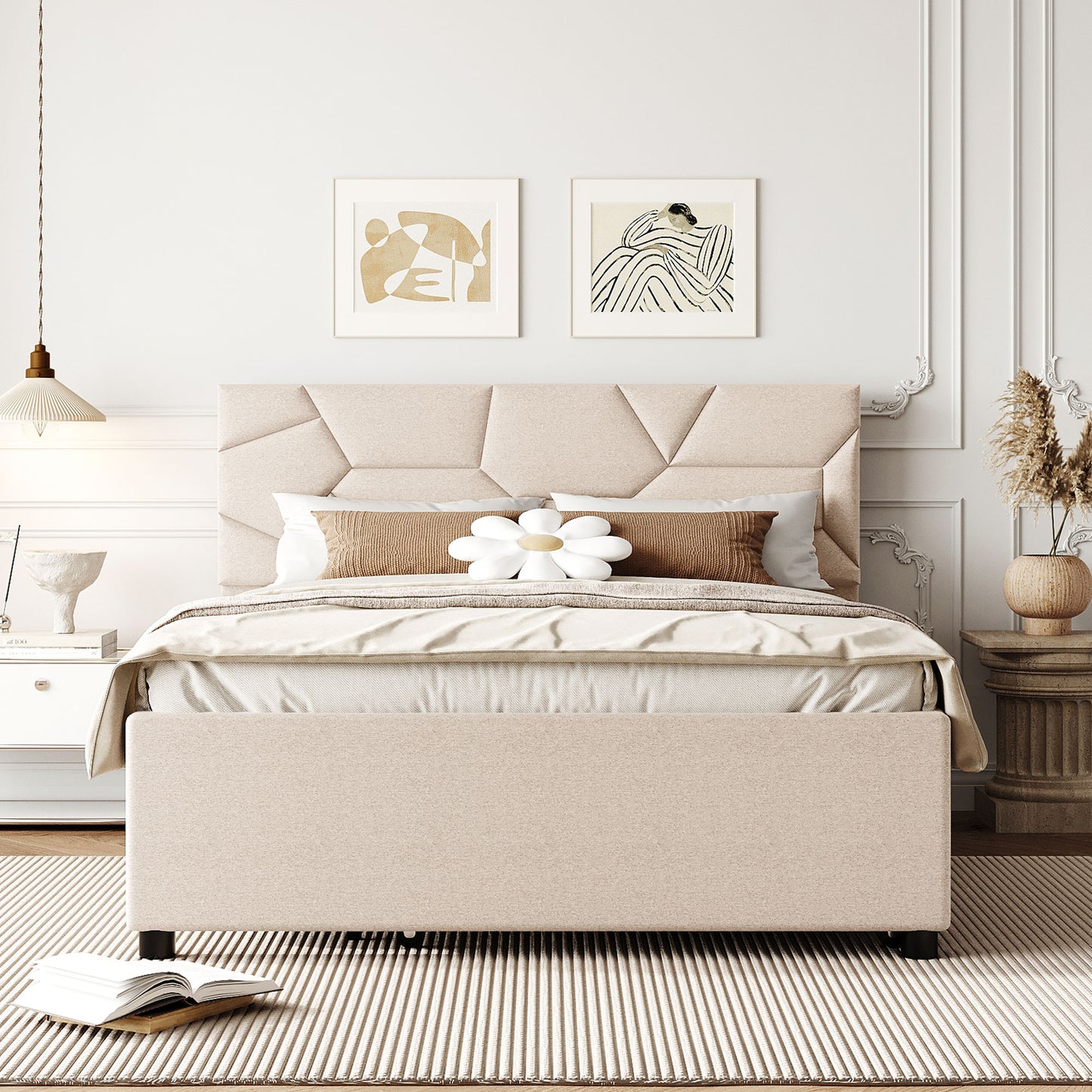 Upholstered beige platform bed with geometric headboard