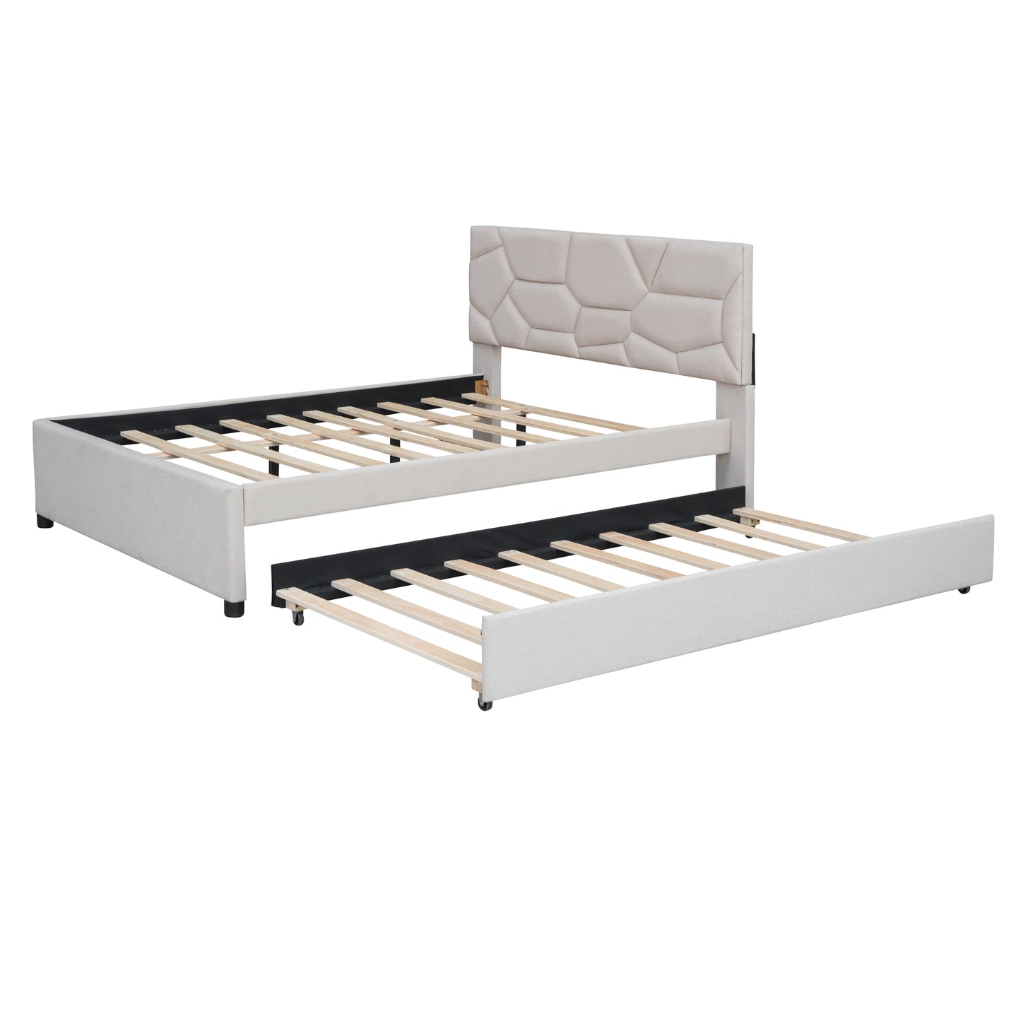 Upholstered twin bed frame in light beige with geometric headboard and pullout trundle