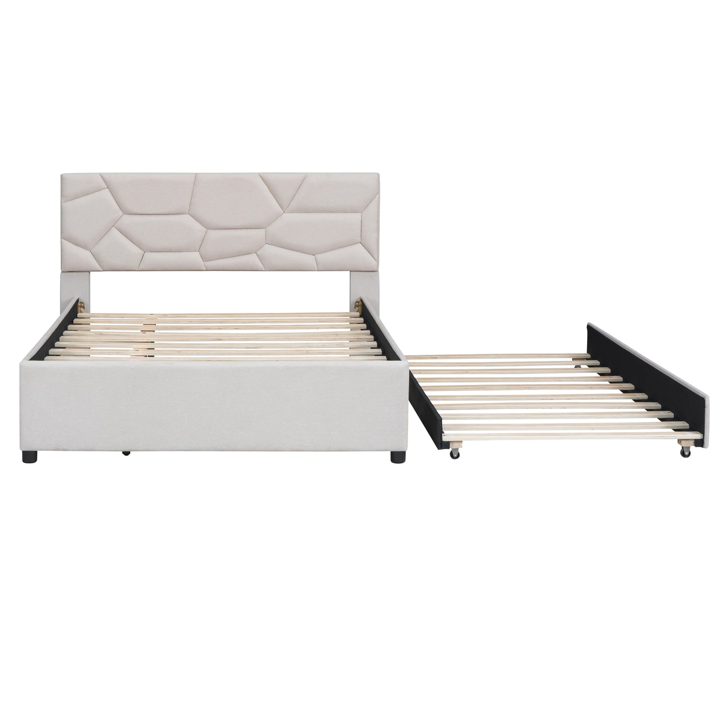 Cream upholstered trundle bed with geometric headboard and slatted frame
