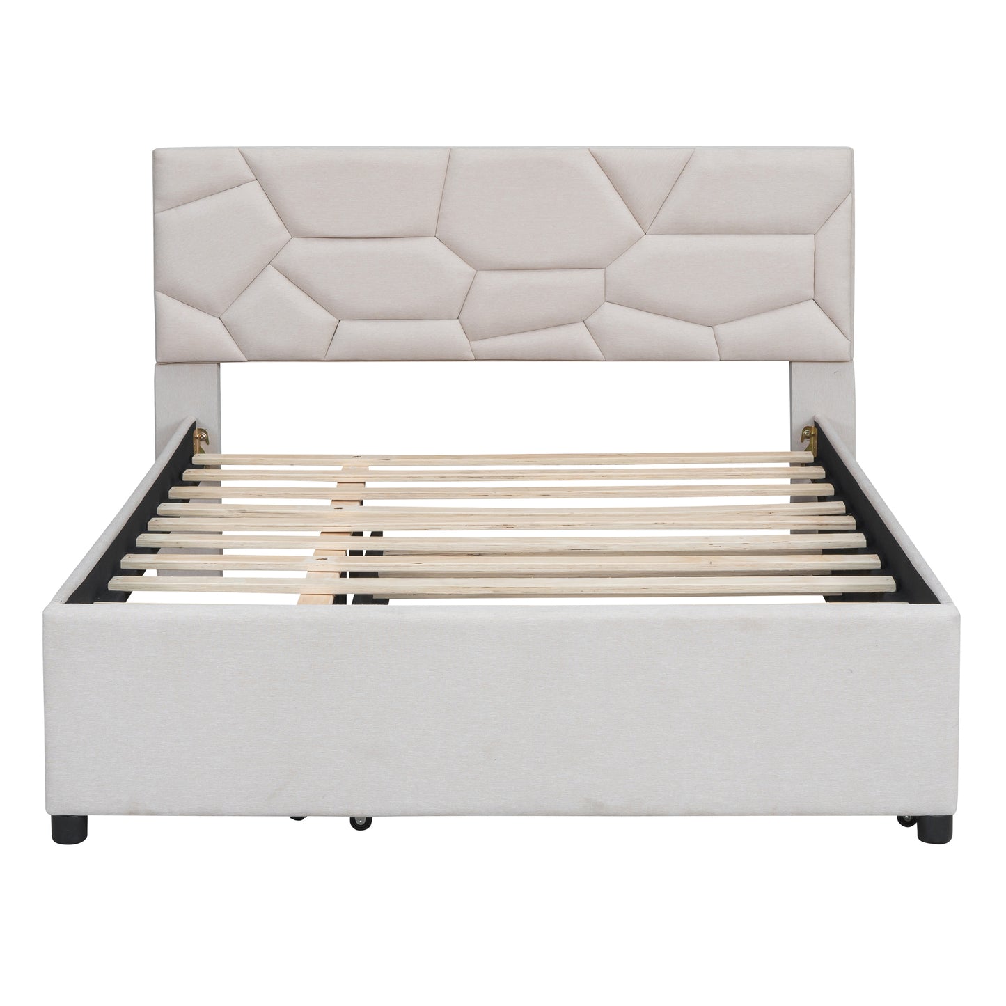 Upholstered platform bed in light beige with geometric headboard and wood slats