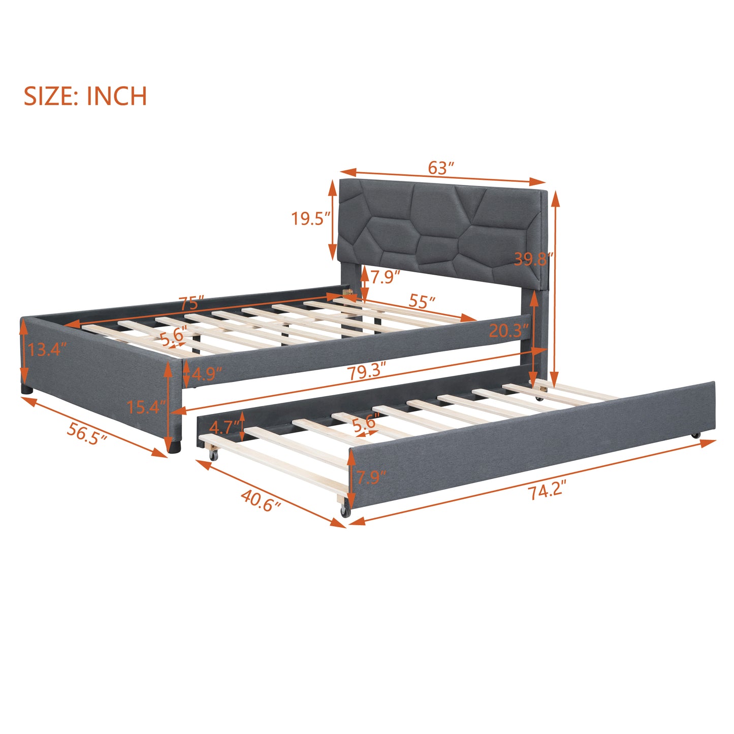 Gray upholstered bed frame with pullout trundle and detailed dimensions