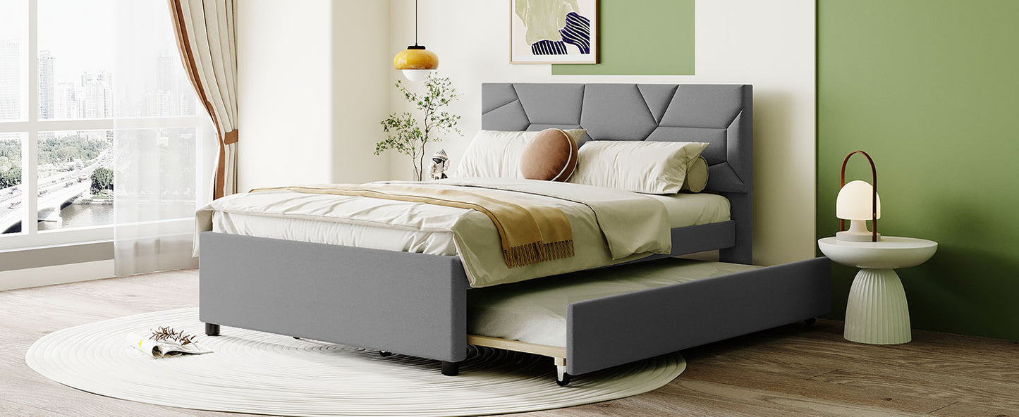 Gray upholstered bed with trundle