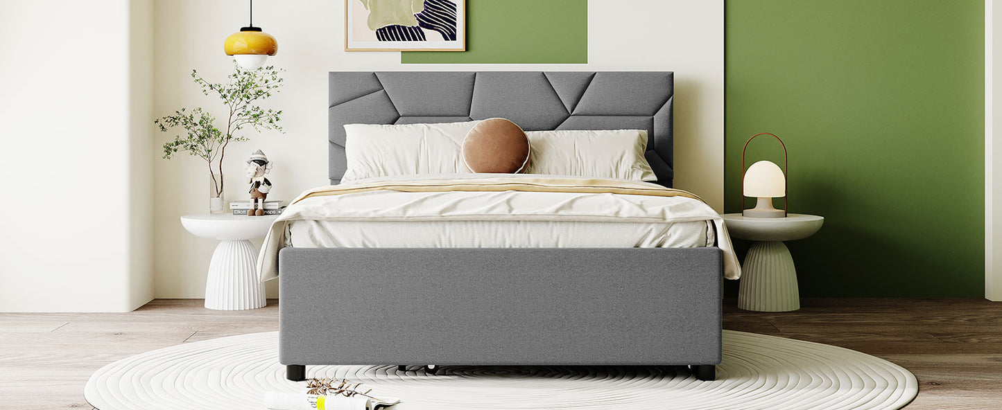 Gray upholstered platform bed with geometric headboard