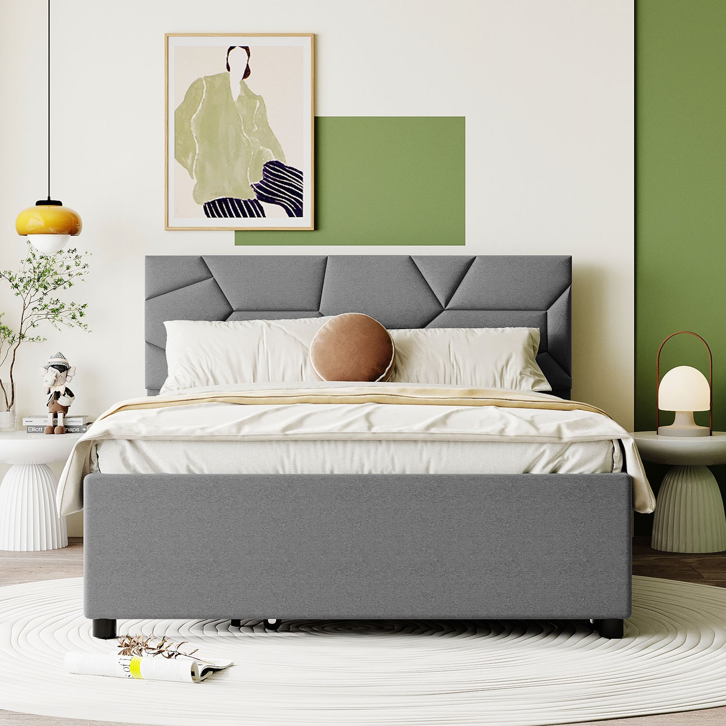Grey upholstered bed frame with geometric headboard