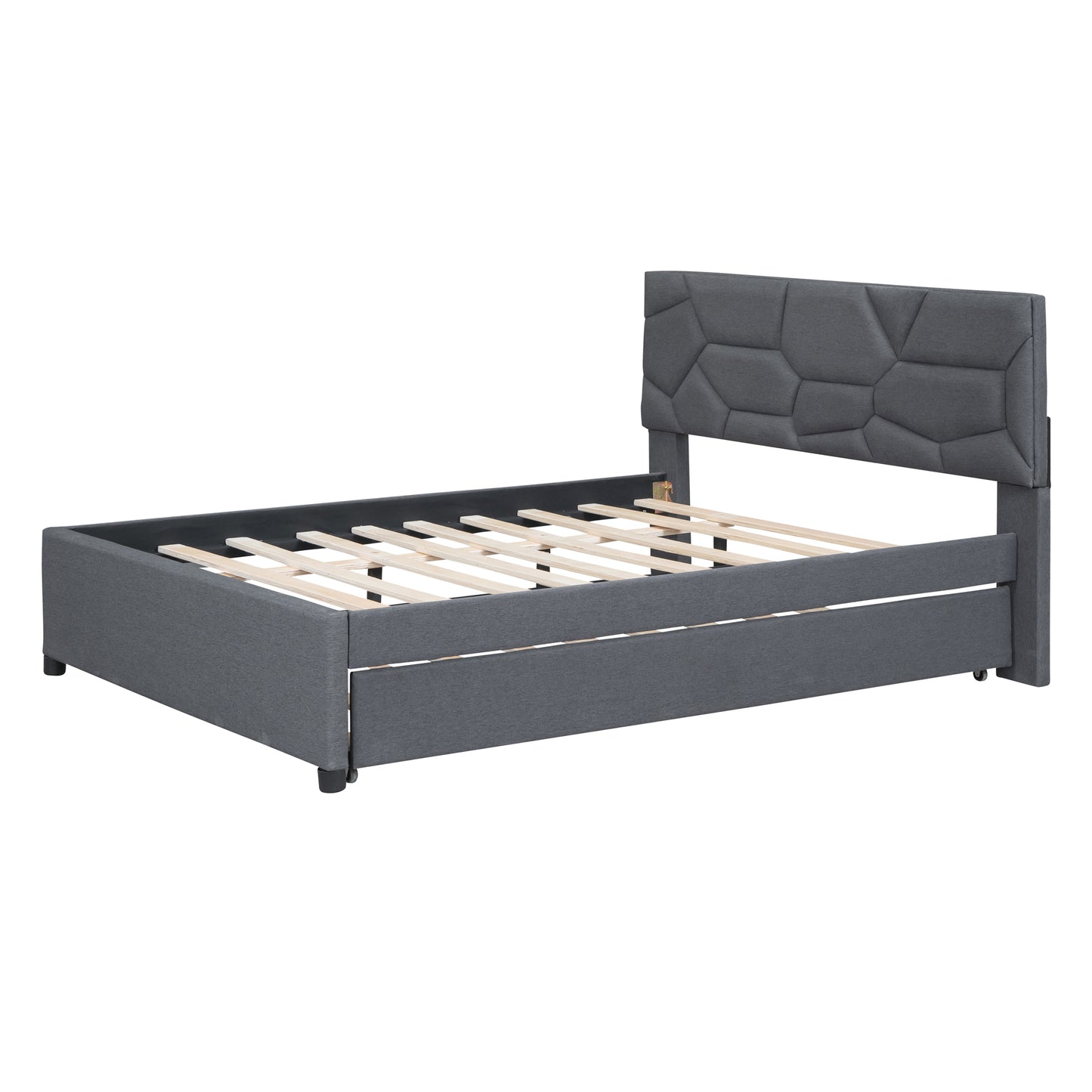 Grey upholstered bed frame with geometric headboard and wooden slats