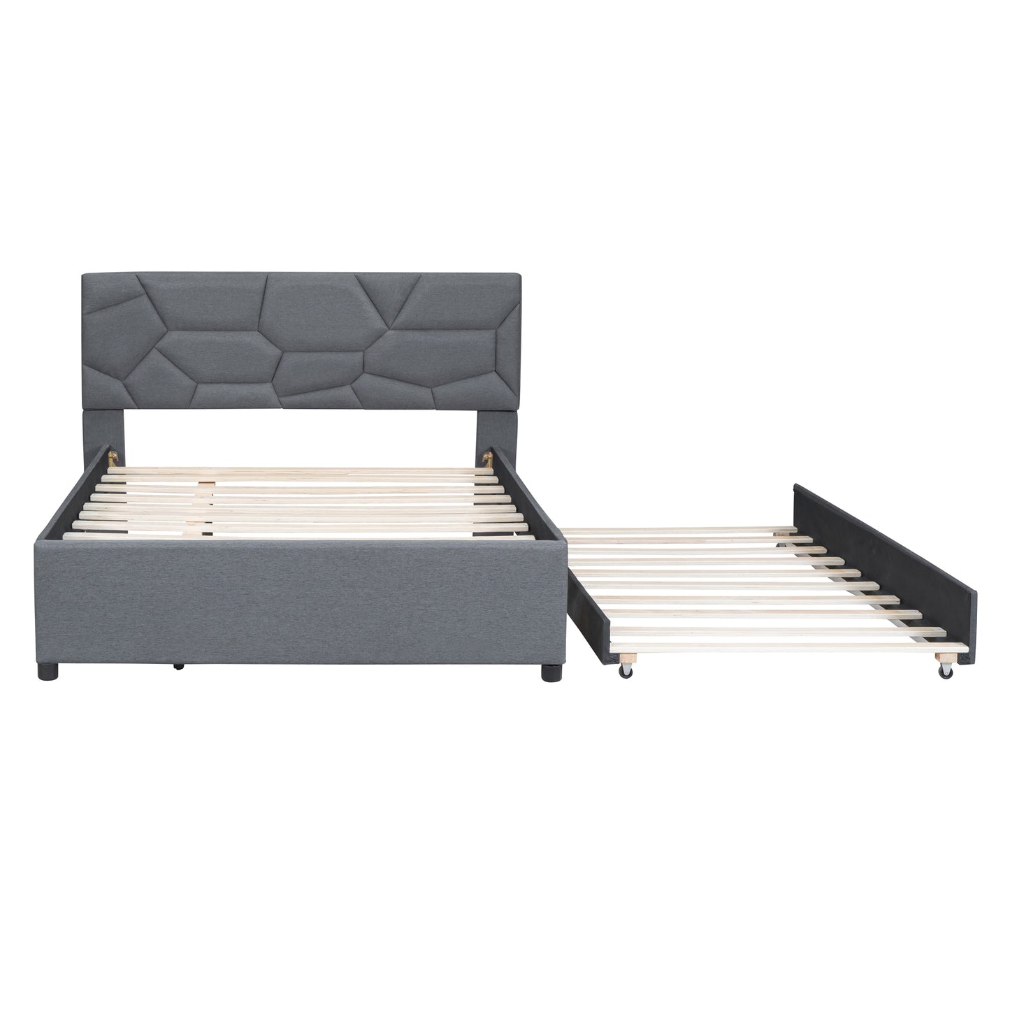 Gray upholstered bed frame with geometric headboard and pullout trundle