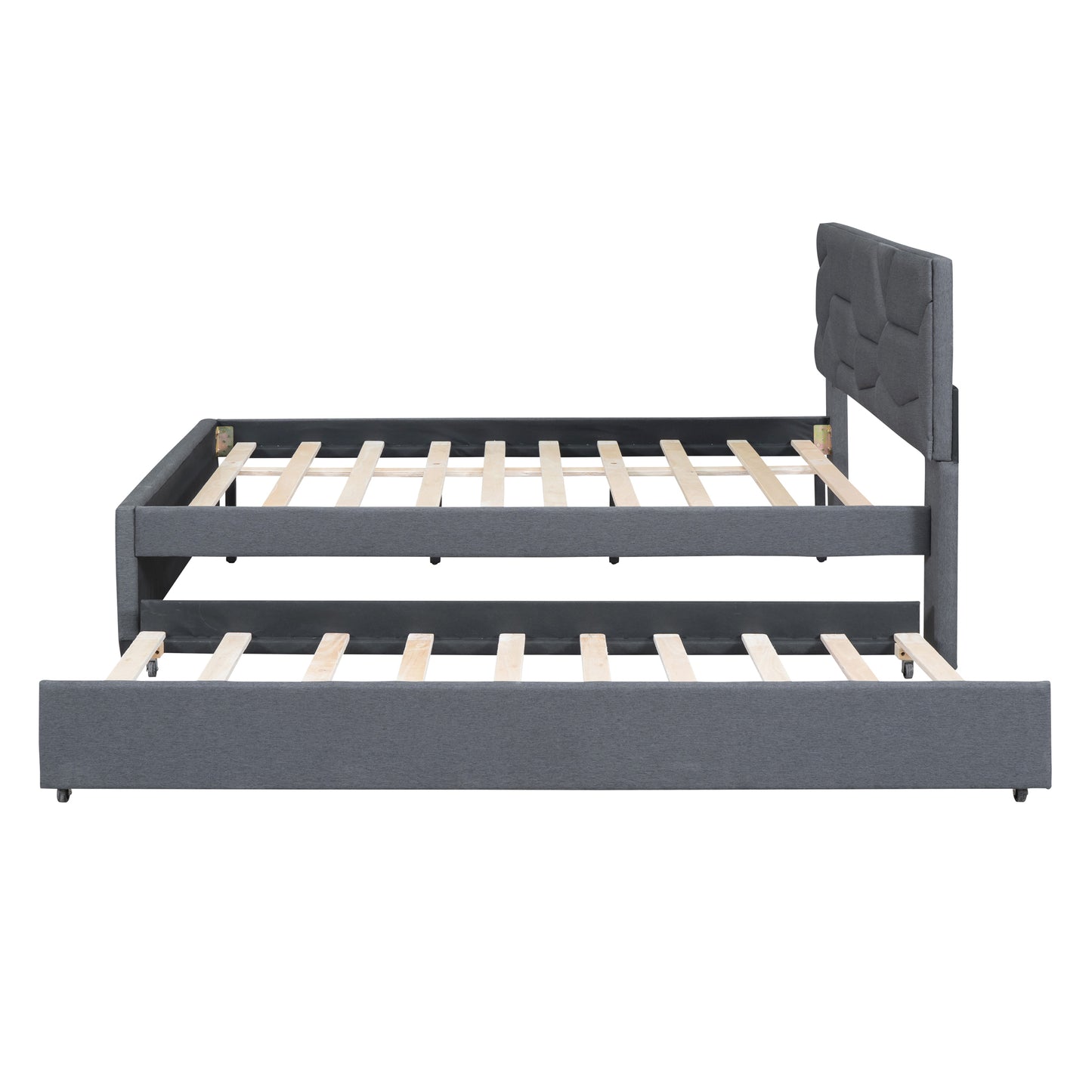 Grey upholstered bed frame with pullout trundle and wood slats