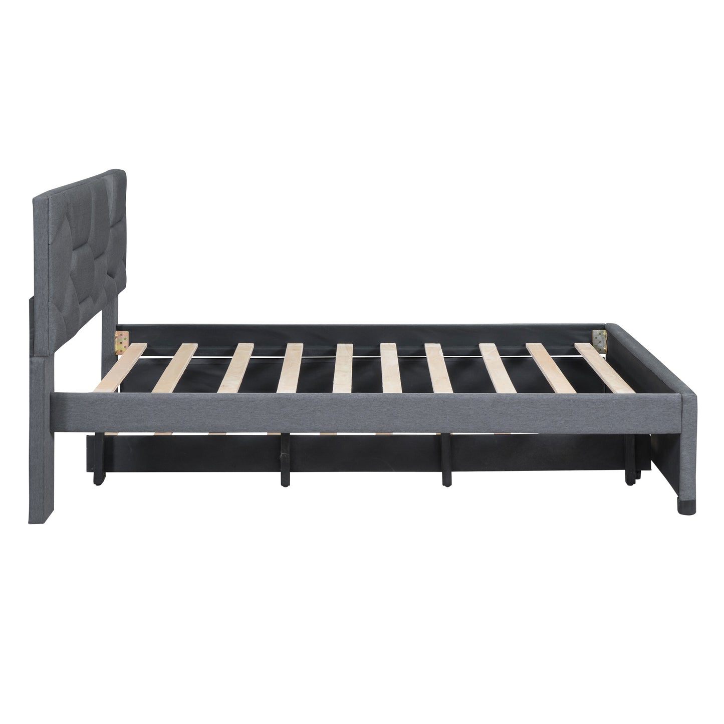 Gray fabric upholstered bed frame with geometric headboard and wood slats