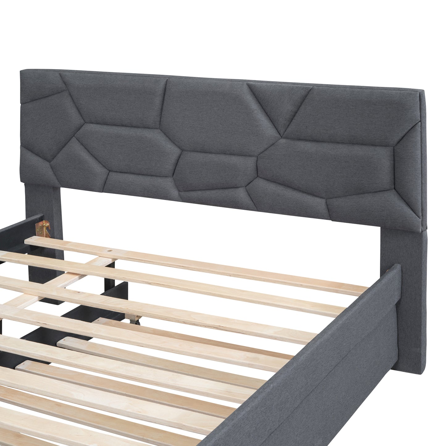 Geometric upholstered grey headboard on a modern bed frame with wooden slats