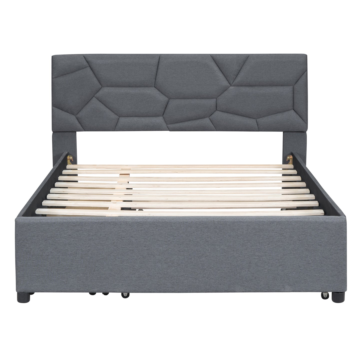 Grey upholstered platform bed frame with geometric headboard and wooden slats