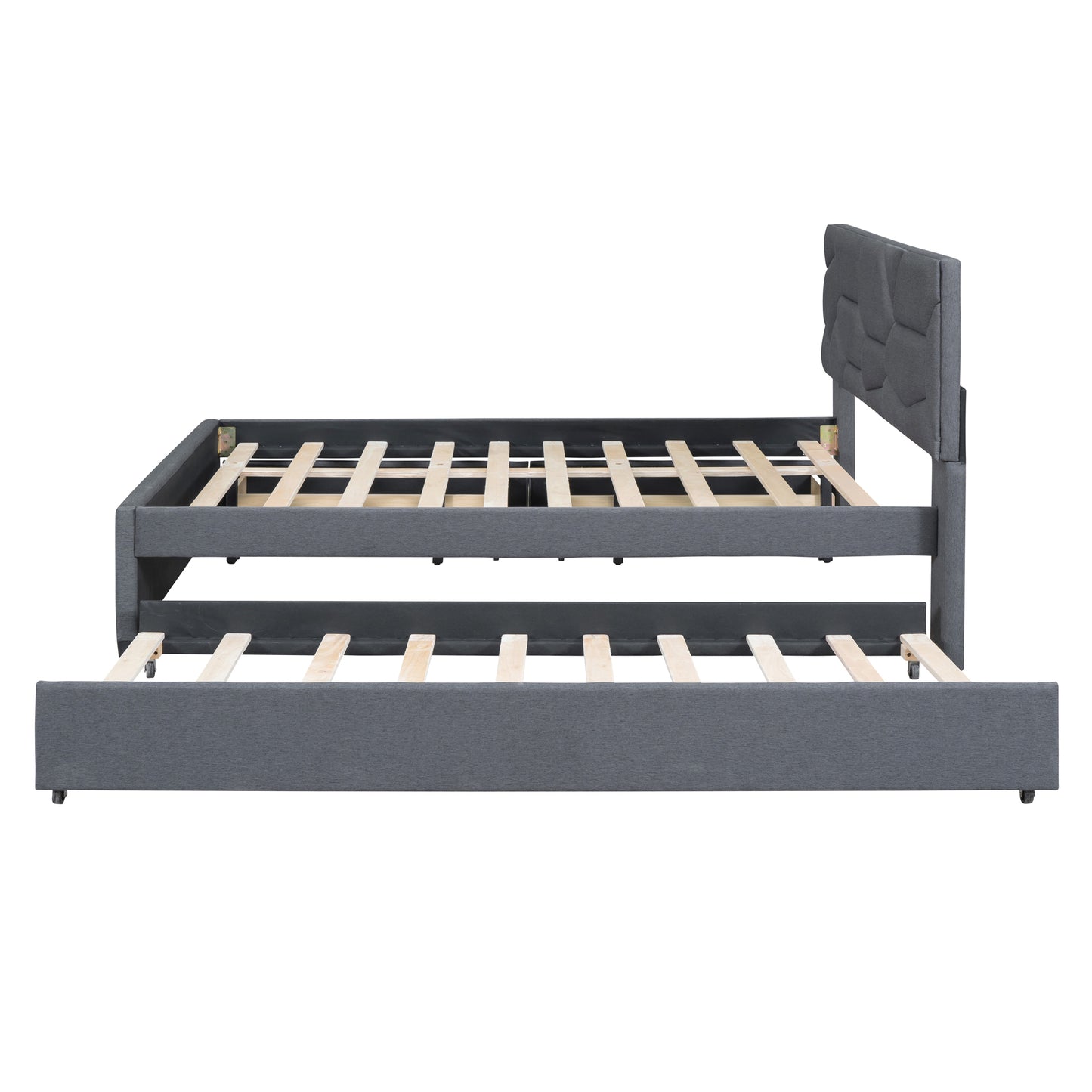 Dark gray upholstered bed frame with pullout trundle