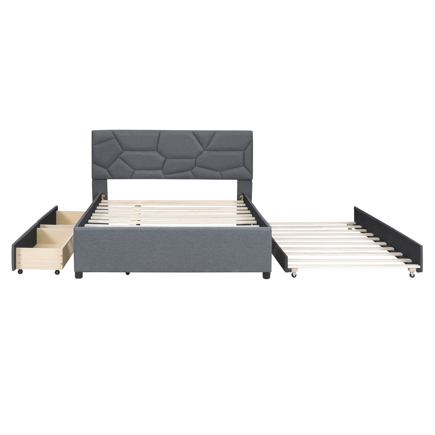 Grey upholstered bed frame with geometric headboard and pullout trundle bed