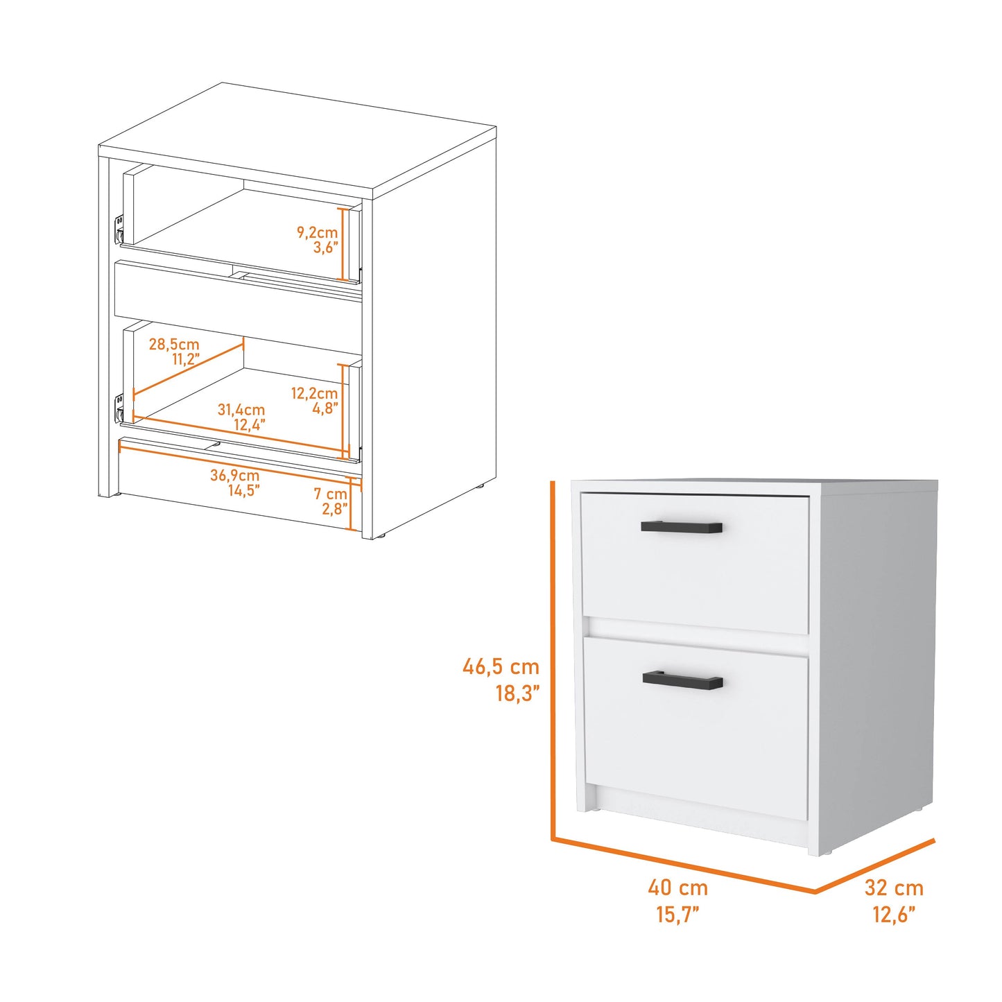 White twodrawer bedside table with black handles