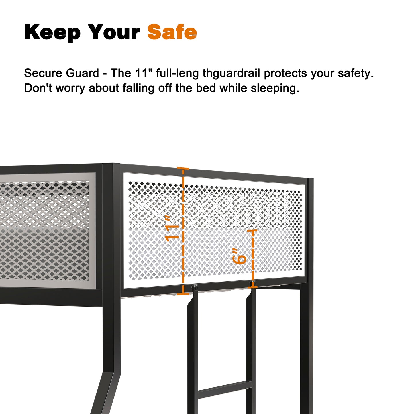 Black metal bed frame with a inch high secure guardrail for added safety