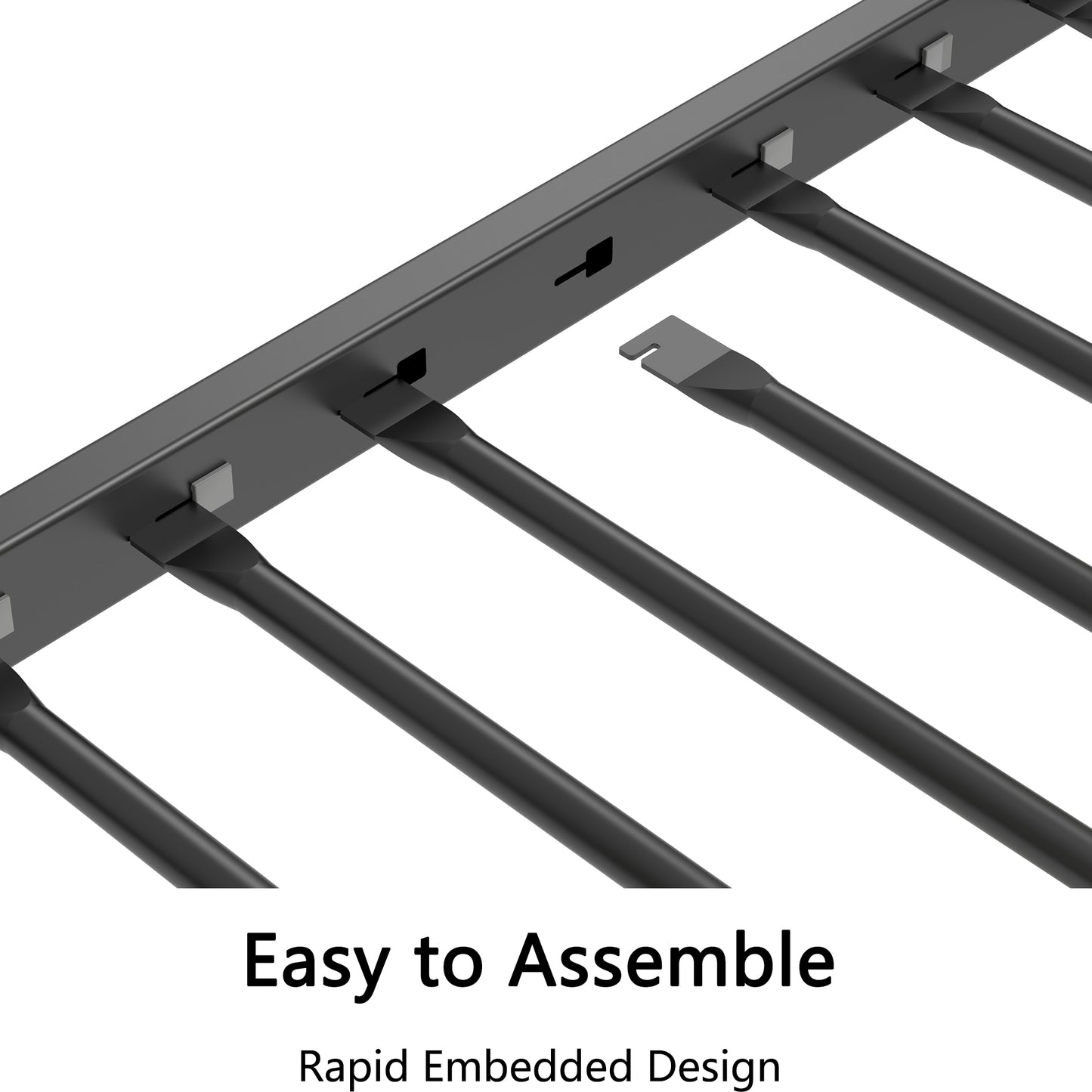 Black metal bed frame components with easy assembly slots