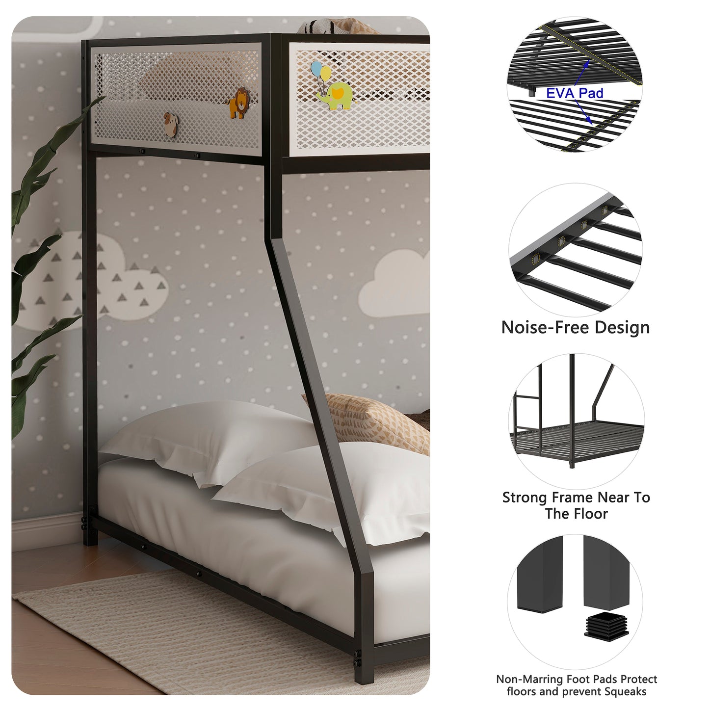 Black metal bunk bed with white mesh sides and cute animal decals